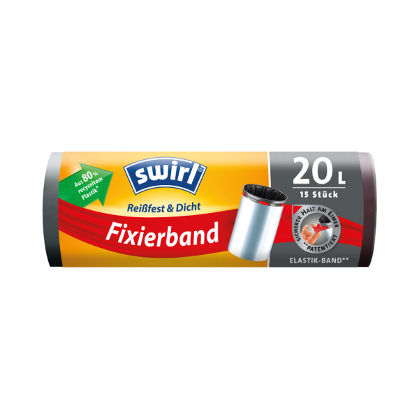 Swirl Fixierband-Müllbeutel Reißfest & Dicht 20 Liter, mit Elastikband, grau/blickdicht, aus 80 % recyceltem Plastik